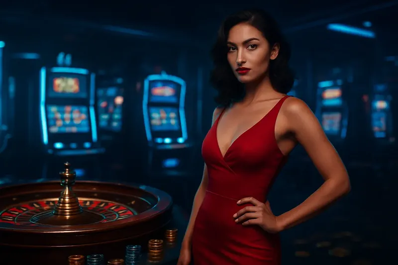 Elegant woman in red dress standing by roulette and slot machines in luxury Bangladeshi casino with neon lights