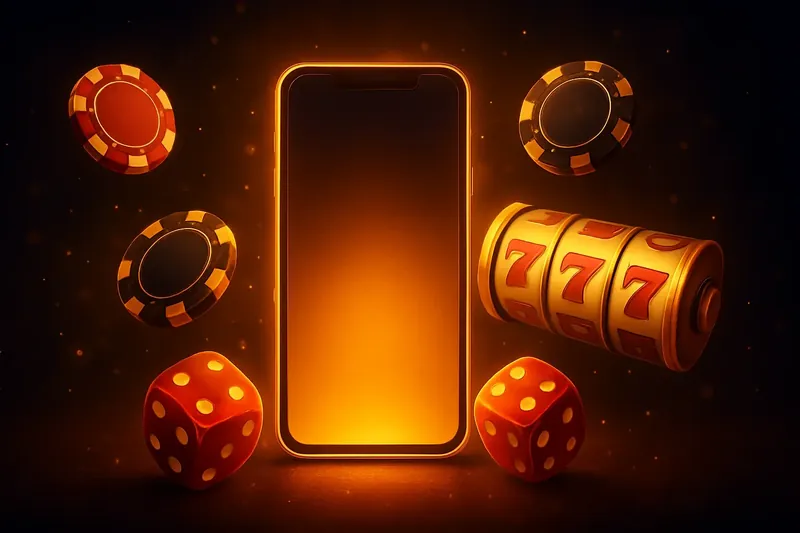 Glowing smartphone surrounded by casino chips, slot reels, and dice on a dark luxurious background with gold accents
